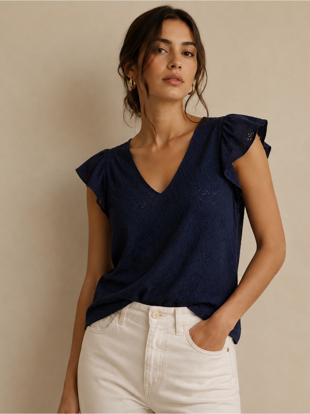 MICHAEL Michael Kors Navy Eyelet  Lace V-Neck Blouse Size XL